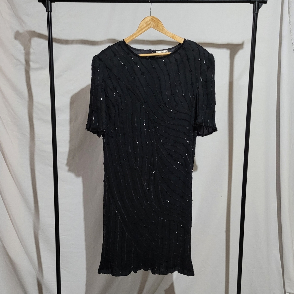 Beaded Drama dress vintage shift sheer black silk 1990s plus size XL evening